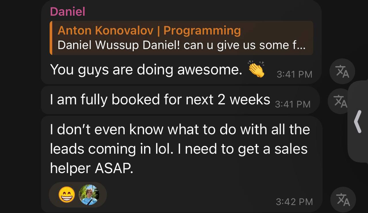 Client message from Daniel about booked leads